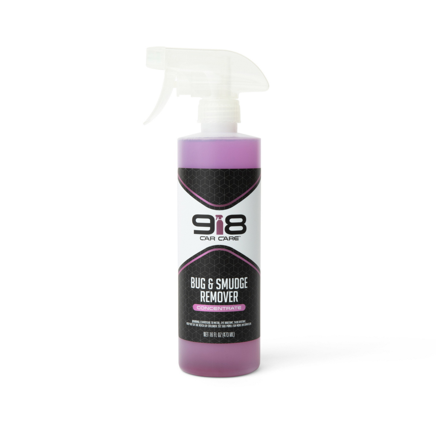 16fl oz white spray bottle with black trim of 918 Car Care Bug & Smudge Remover: Concentrate. Both the subheading, and the spray bottle in the company logo, are light purple.