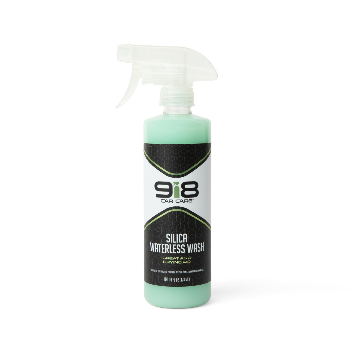 16fl oz white spray bottle with black trim of 918 Car Care Silica Waterless Wash: Great as a Drying Aid. Both the subheading, and the spray bottle in the company logo, are light green.