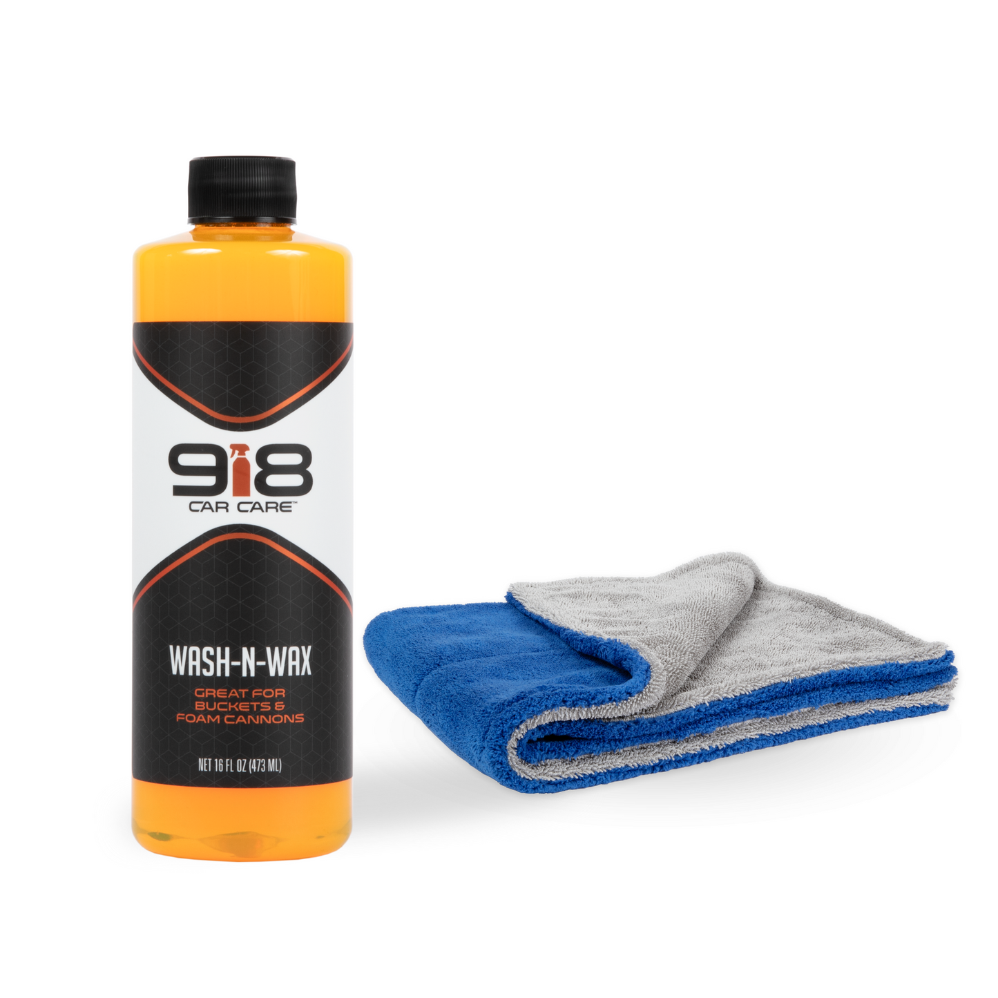 16fl oz black squeeze bottle with white trim of 918 Wash & Wax: Great for Buckets & Foam Cannons. Both the subheading, and the spray bottle in the company logo, are dark orange.
Blue, folded microfiber car drying towel.