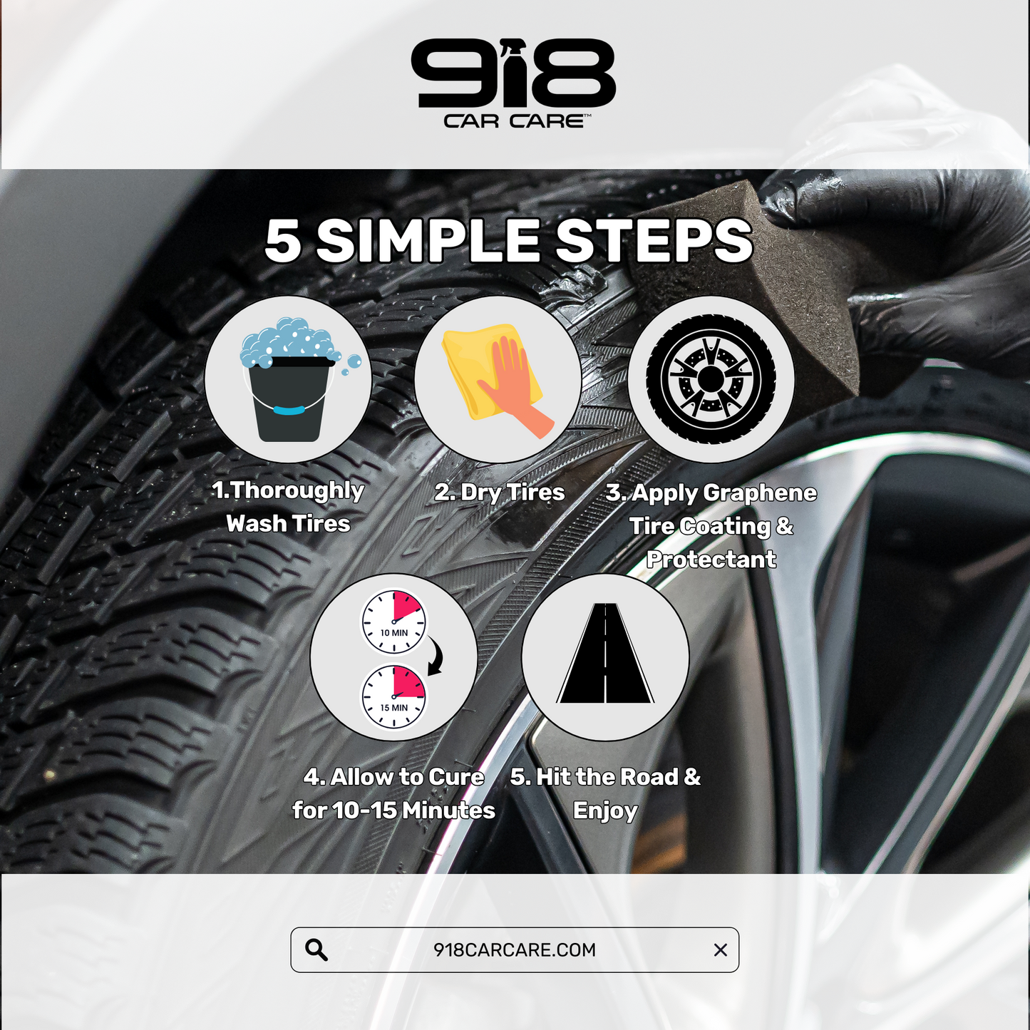 Text reads:
5 Simple Steps:
1. Thoroughly Wash Tires;
2. Dry Tires;
3. Apply Graphene Tire Coating & Protectant;
4.Allow to Cure for 10-15 Minutes;
5. Hit the Road & Enjoy.